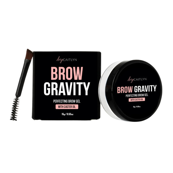 Brow Gravity grooming product set with packaging, gel container, and brush on a white background