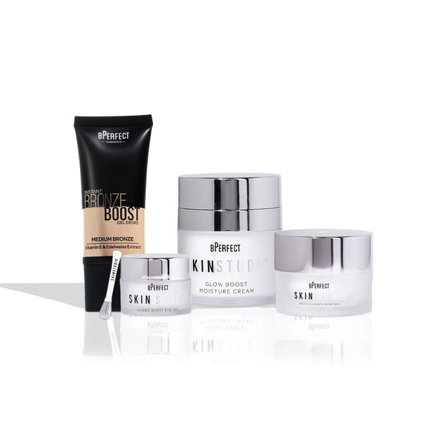 A collection of skincare products including a moisturiser, eye gel, primer base, and bronze boost gel drops by BPerfect and Skin Studio.