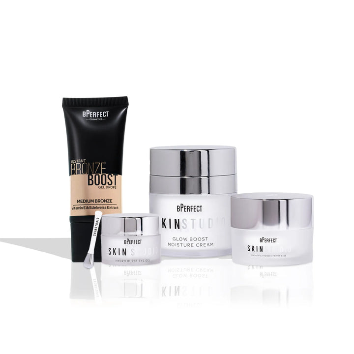 A collection of skincare products including a moisturiser, eye gel, primer base, and bronze boost gel drops by BPerfect and Skin Studio.