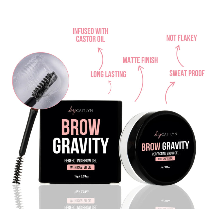 Brow Gravity perfecting brow gel packaging with brush and jar on a white background