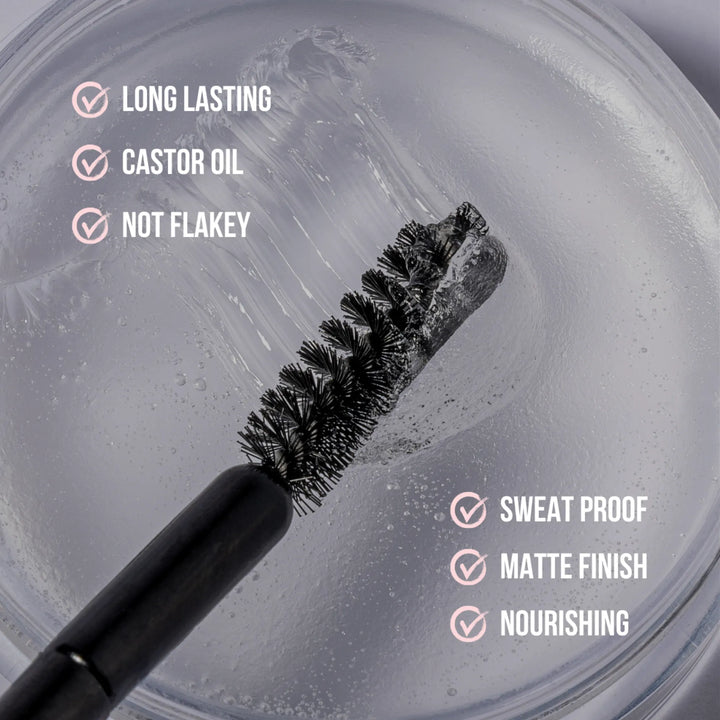 Black mascara brush with product benefits listed on a gray background