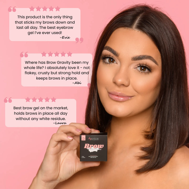 Woman holding a brow product with customer testimonials on a pink background