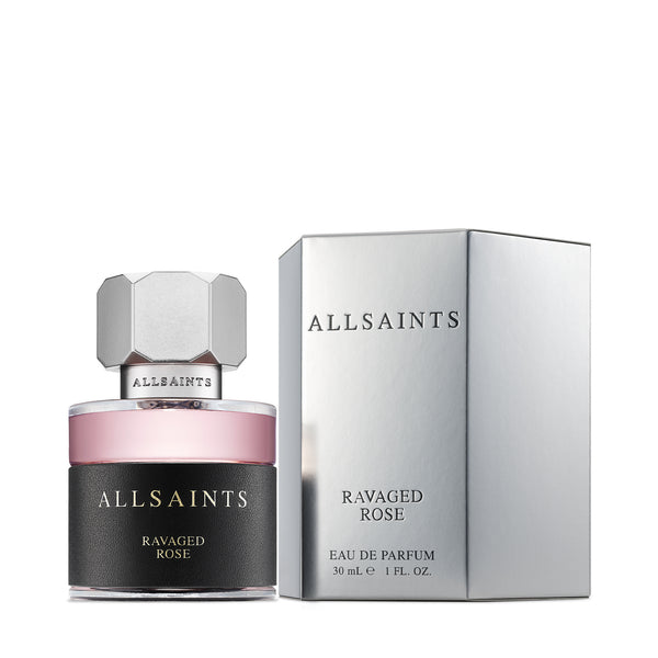 AllSaints Ravaged Rose perfume bottle and packaging on a white background