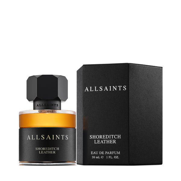All Saints shoreditch leather eau de parfum with packaging on a white background