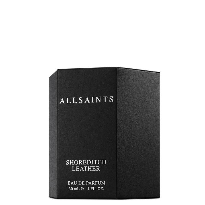 Black box of AllSaints Shoreditch Leather Eau de Parfum on a white background