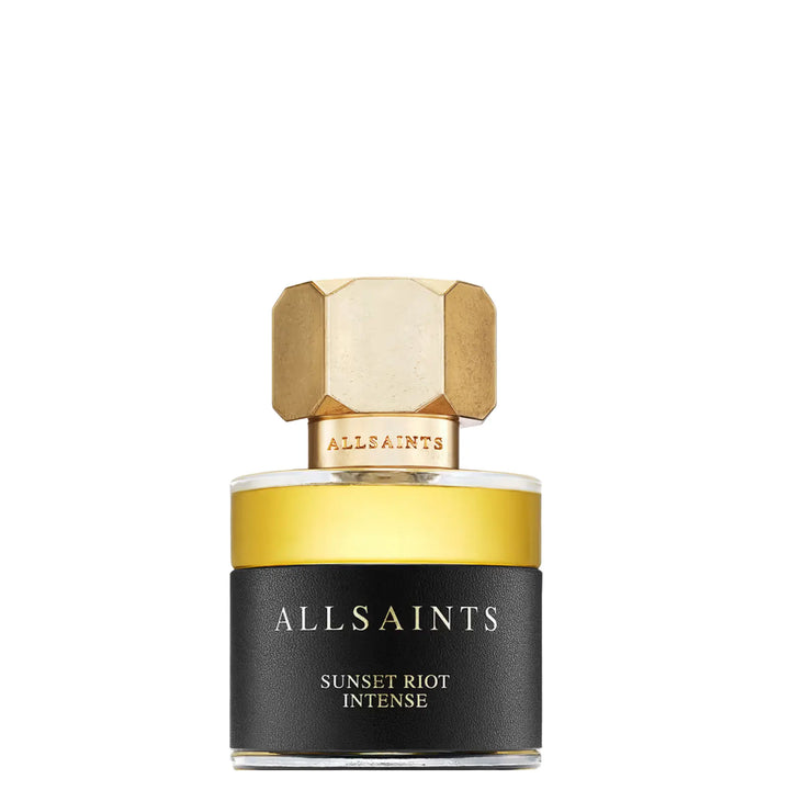 AllSaints perfume bottle with gold cap and black label on a white background