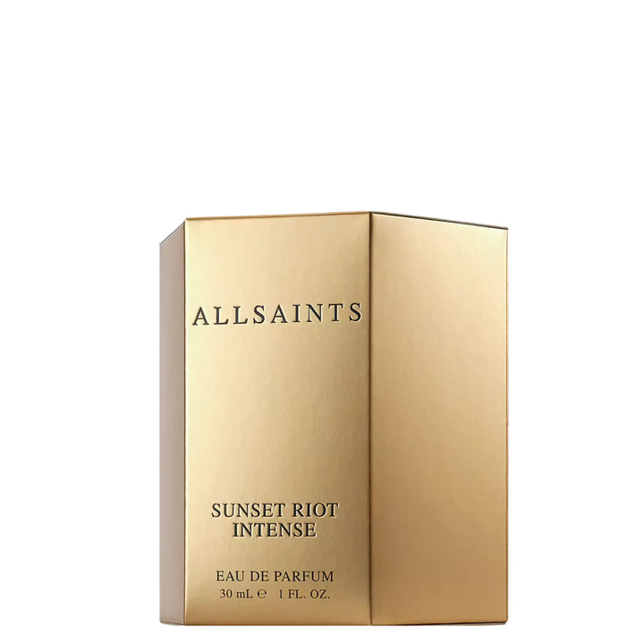 Gold box of AllSaints Sunset Riot Intense Eau de Parfum on a white background