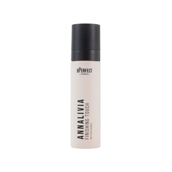 Cosmetic bottle with black cap and beige body on a white background
