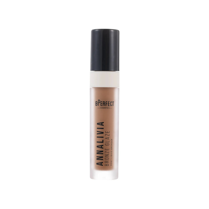 Cosmetic bottle with black cap and BPerfect Annalivia branding on a white background