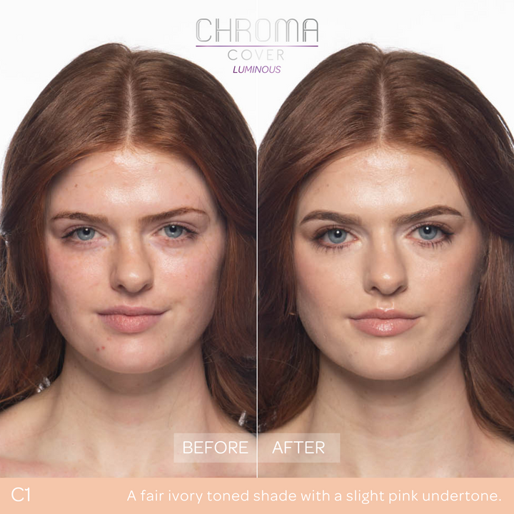 Before and after comparison of a woman's face with 'Chroma Cover' makeup application.