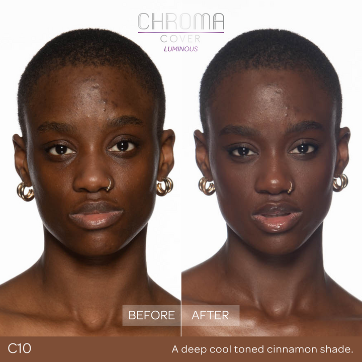 Before and after comparison of a woman's face with 'Chroma Cover' makeup application.