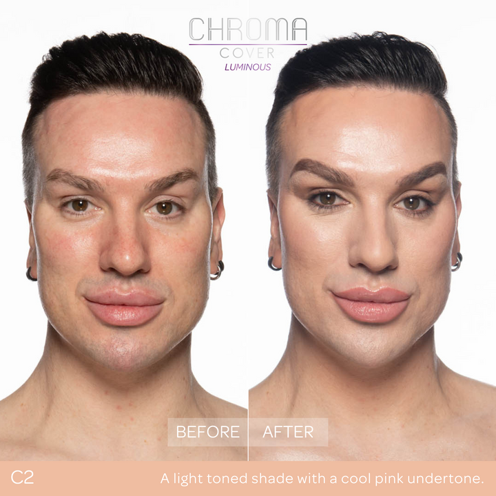 Before and after comparison of a woman's face with 'Chroma Cover' makeup application.