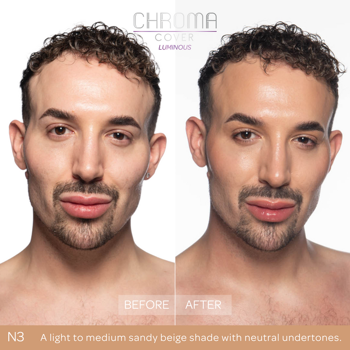 Before and after comparison of a woman's face with 'Chroma Cover' makeup application.