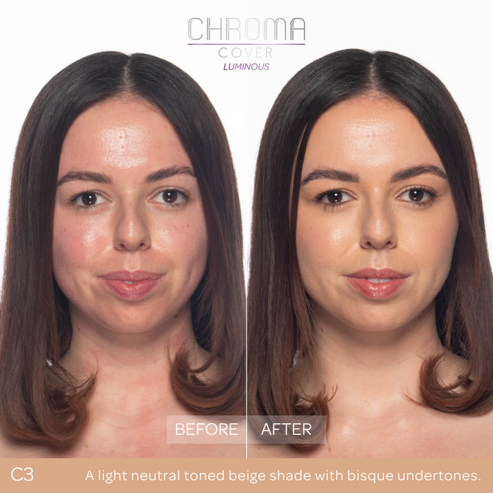 Before and after comparison of a woman's face with 'Chroma Cover' makeup application.