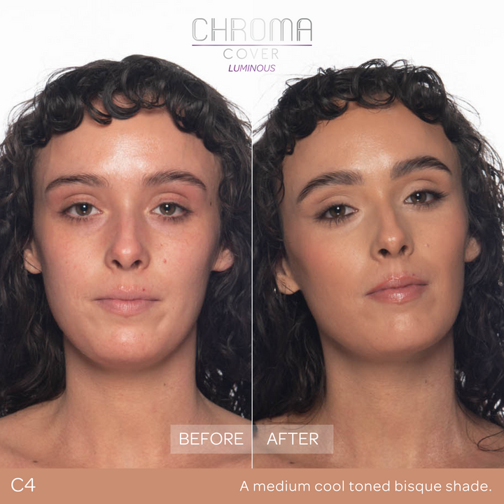 Before and after comparison of a woman's face with 'Chroma Cover' makeup application.