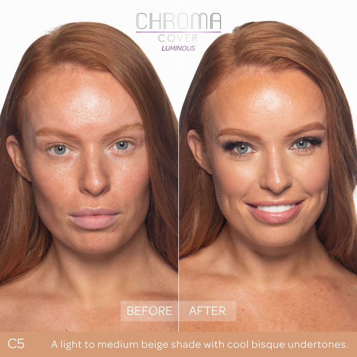Before and after comparison of a woman's face with 'Chroma Cover' makeup application.