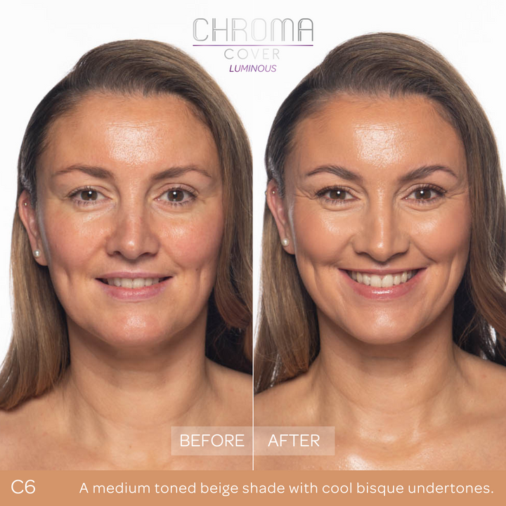 Before and after comparison of a woman's face with 'Chroma Cover' makeup application.