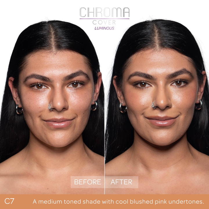 Before and after comparison of a woman's face with 'Chroma Cover' makeup application.