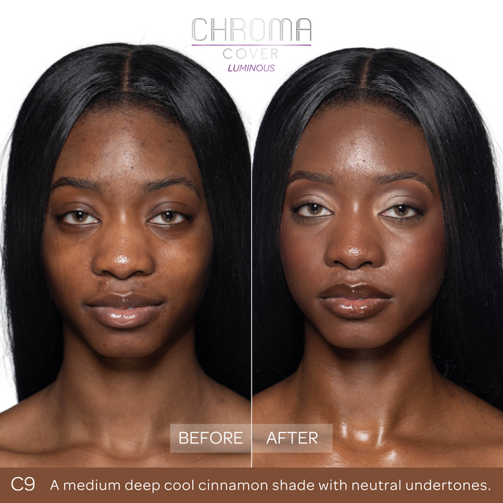 Before and after comparison of a woman's face with 'Chroma Cover' makeup application.