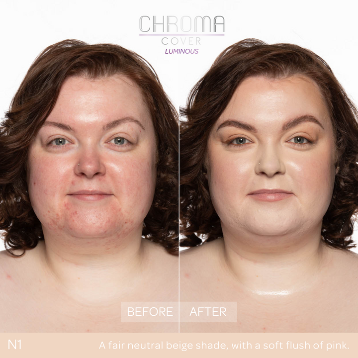 Before and after comparison of a woman's face with cosmetic product application, showing a fair neutral beige shade with a soft flush of pink.