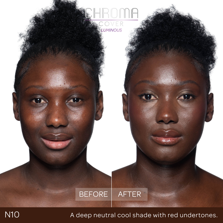 Before and after comparison of a woman's face with 'Chroma Cover' makeup application.