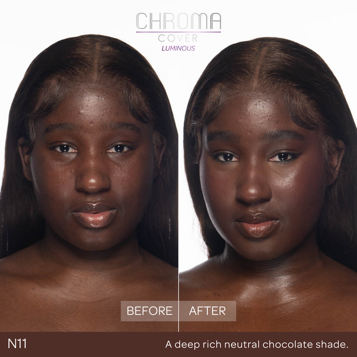 Before and after comparison of a woman's face with 'Chroma Cover' makeup application.