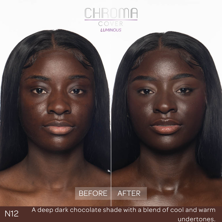 Before and after comparison of a woman's face with 'Chroma Cover' makeup application.