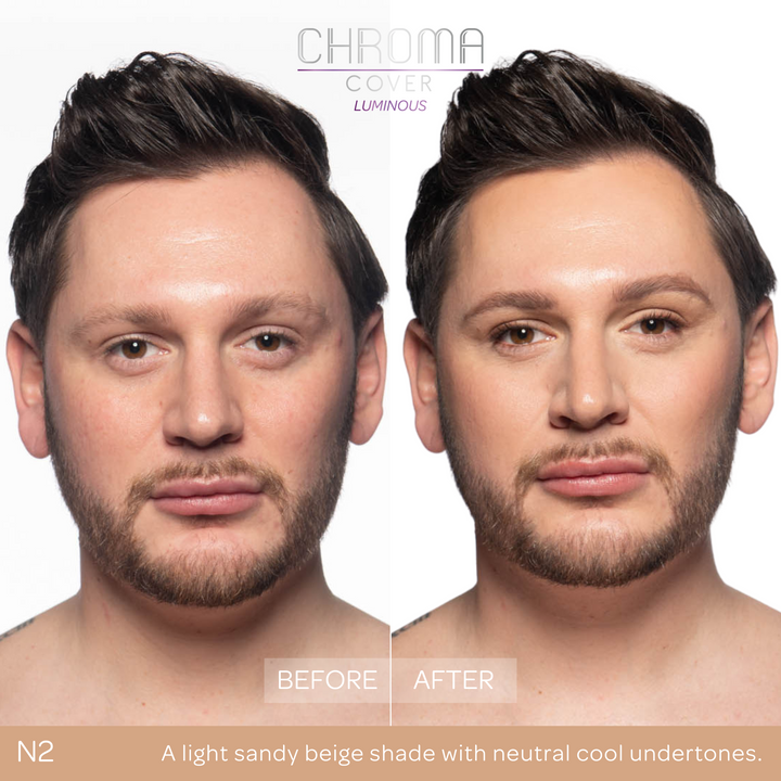 Before and after comparison of a woman's face with 'Chroma Cover' makeup application.