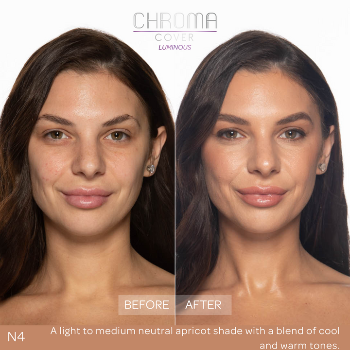 Before and after comparison of a woman's face with 'Chroma Cover' makeup application.