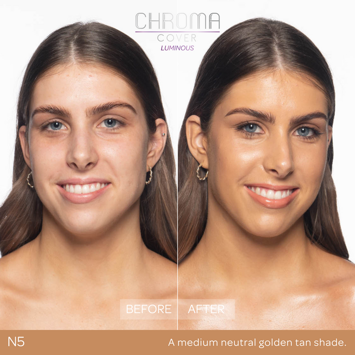 Before and after comparison of a woman's face with 'Chroma Cover' makeup application.