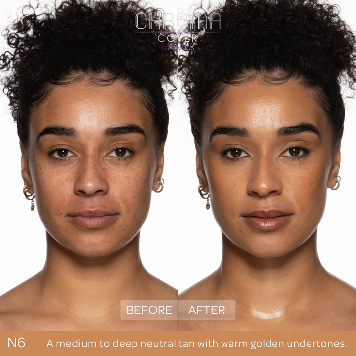 Before and after comparison of a woman's face with 'Chroma Cover' makeup application.