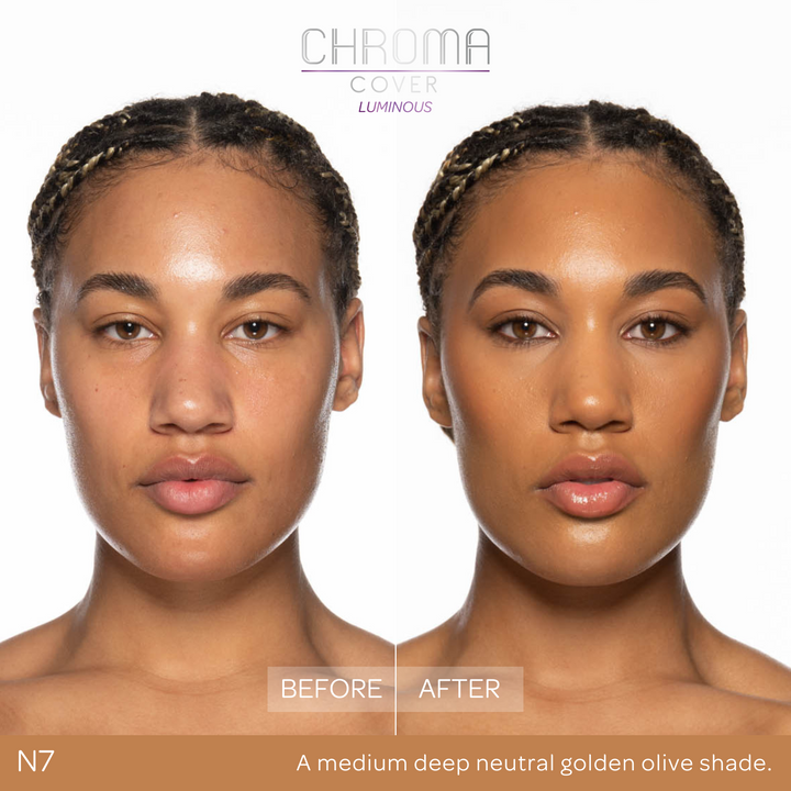 Before and after comparison of a woman's face with 'Chroma Cover' makeup application.