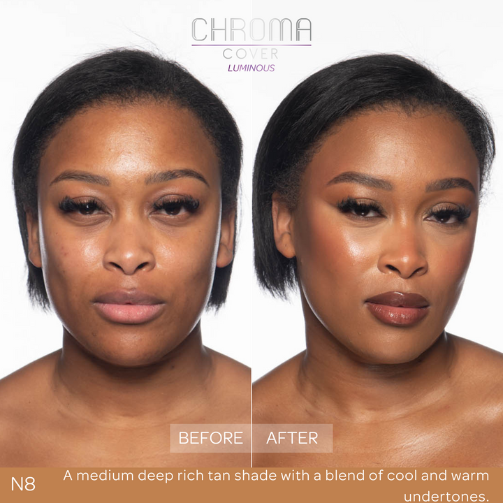 Before and after comparison of a woman's face with 'Chroma Cover' makeup application.