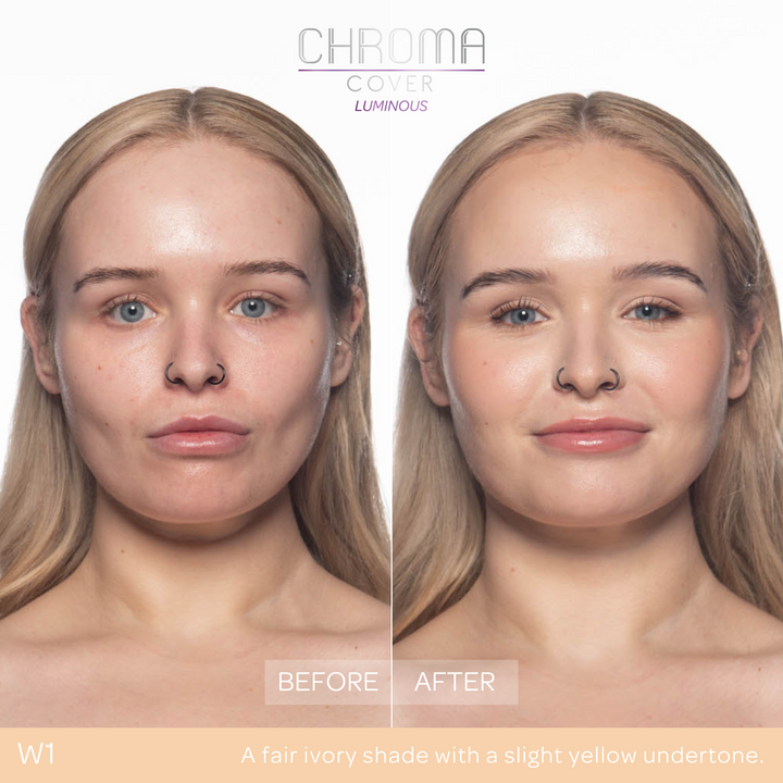 Before and after comparison of a woman's face with 'Chroma Cover' makeup application.