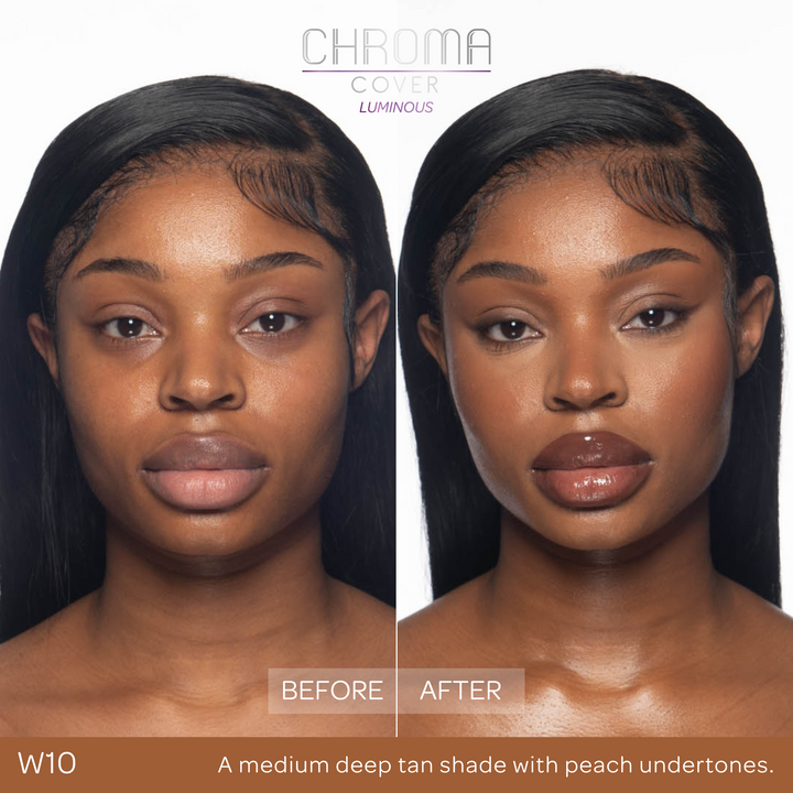 Before and after comparison of a woman's face with 'Chroma Cover' makeup application.