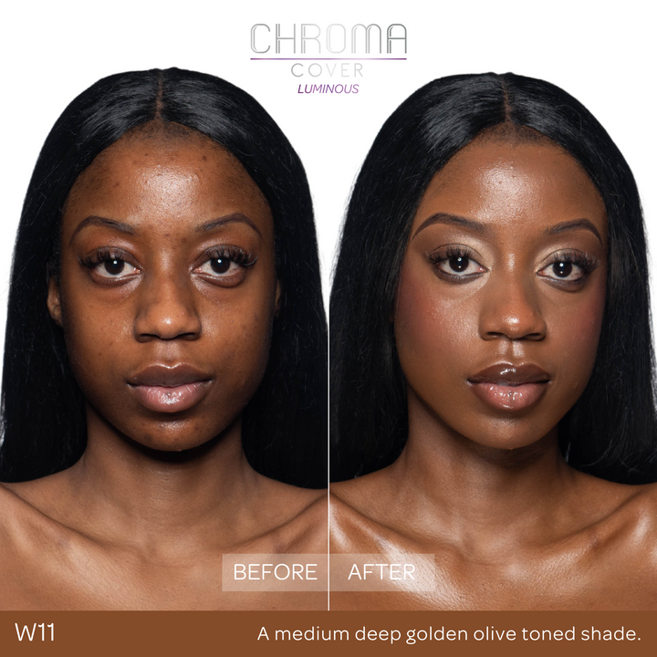 Before and after comparison of a woman's face with 'Chroma Cover' makeup application.