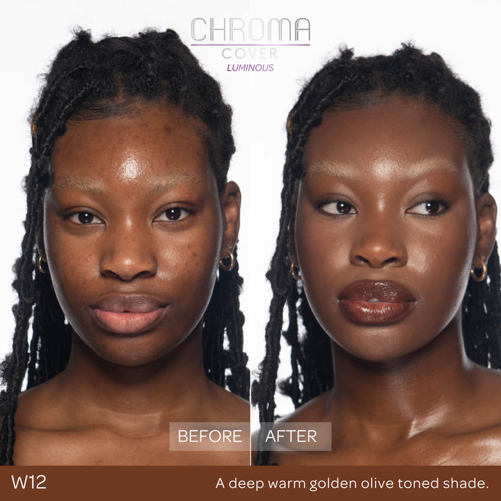 Before and after comparison of a woman's face with 'Chroma Cover' makeup application.