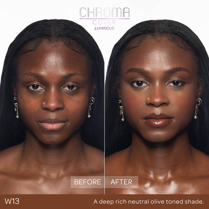 Before and after comparison of a woman's face with 'Chroma Cover' makeup application.