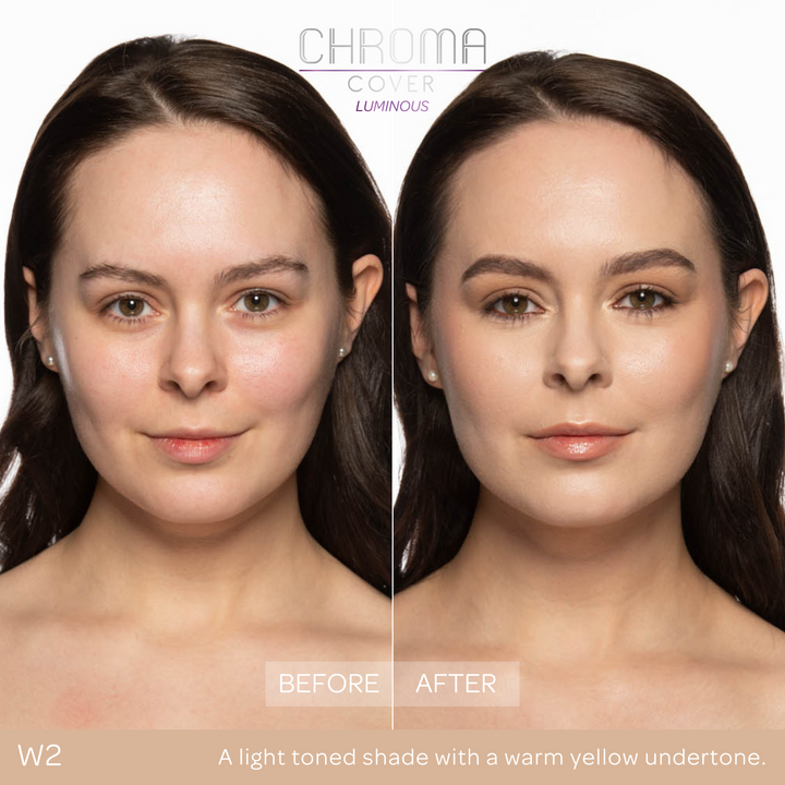 Before and after comparison of a woman's face with 'Chroma Cover' makeup application.