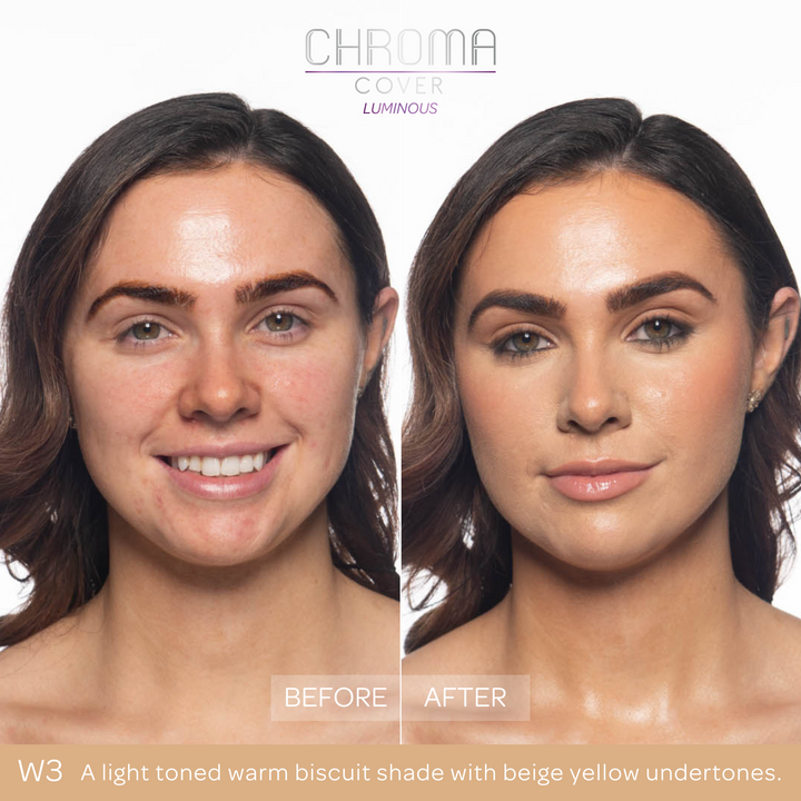 Before and after comparison of a woman's face with 'Chroma Cover' makeup application.