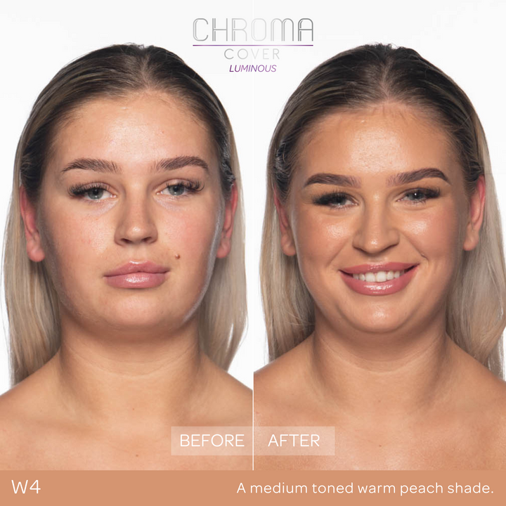 Before and after comparison of a woman's face with 'Chroma Cover' makeup application.