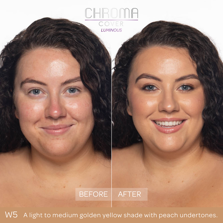 Before and after comparison of a woman's face with 'Chroma Cover' makeup application.