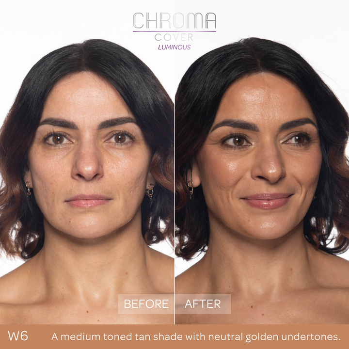 Before and after comparison of a woman's face with 'Chroma Cover' makeup application.