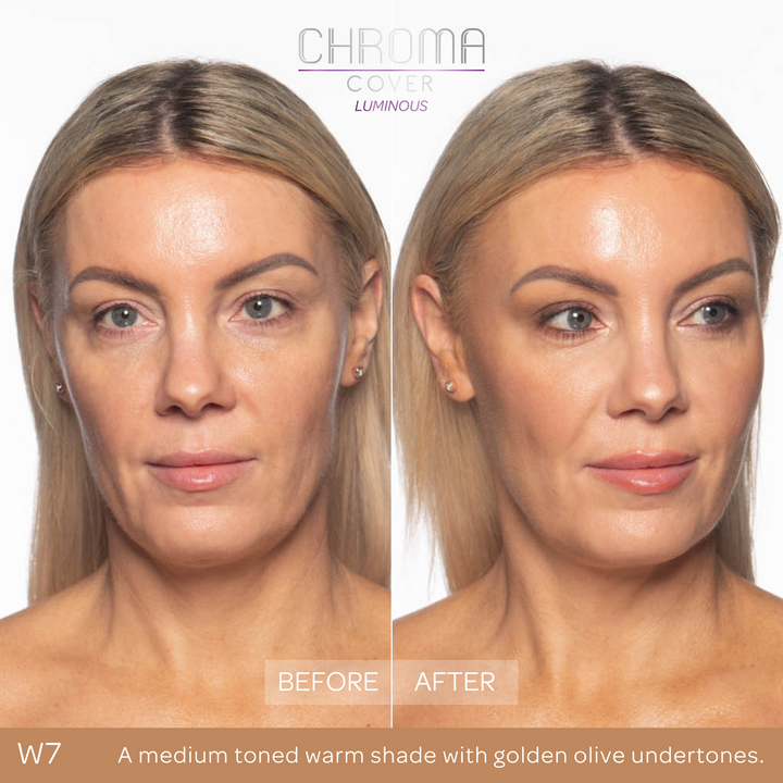 Before and after comparison of a woman's face with 'Chroma Cover' makeup application.
