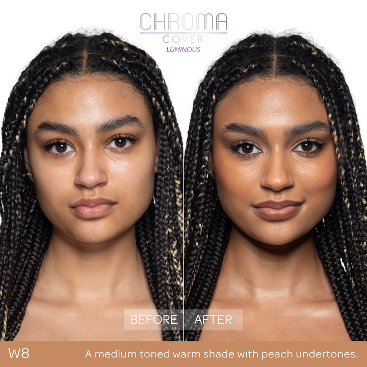 Before and after comparison of a woman's face with 'Chroma Cover' makeup application.