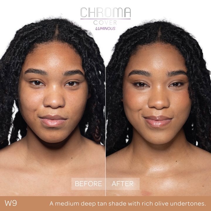 Before and after comparison of a woman's face with 'Chroma Cover' makeup application.