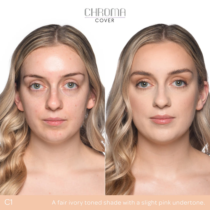Before and after comparison of a woman's face with Chroma Cover foundation application.