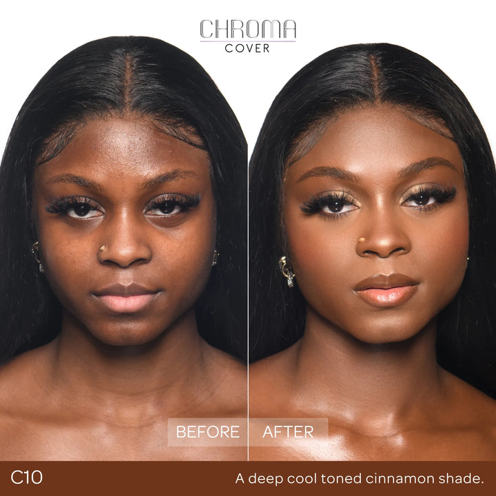 Before and after comparison of a woman's face with Chroma Cover foundation application.