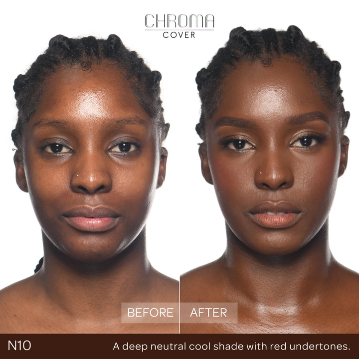 Before and after comparison of a woman's face with Chroma Cover foundation application.