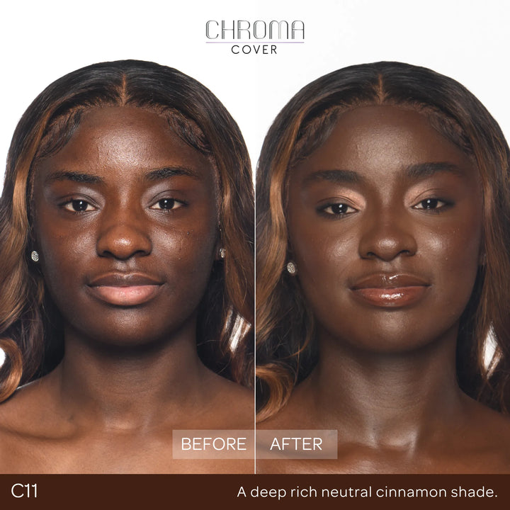 Before and after comparison of a woman's face with Chroma Cover foundation application.
